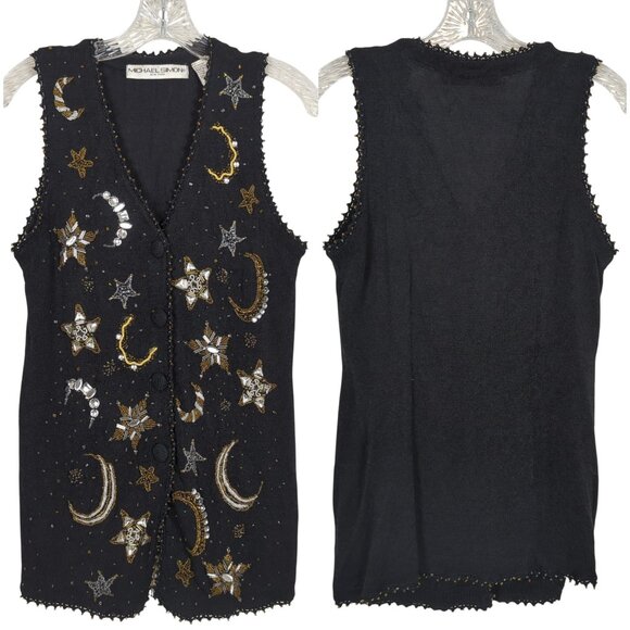 Michael Simon Beaded Y2K Vest Women’s Sweater Sz S Celestial Stars Moon Sequin - Picture 1 of 16
